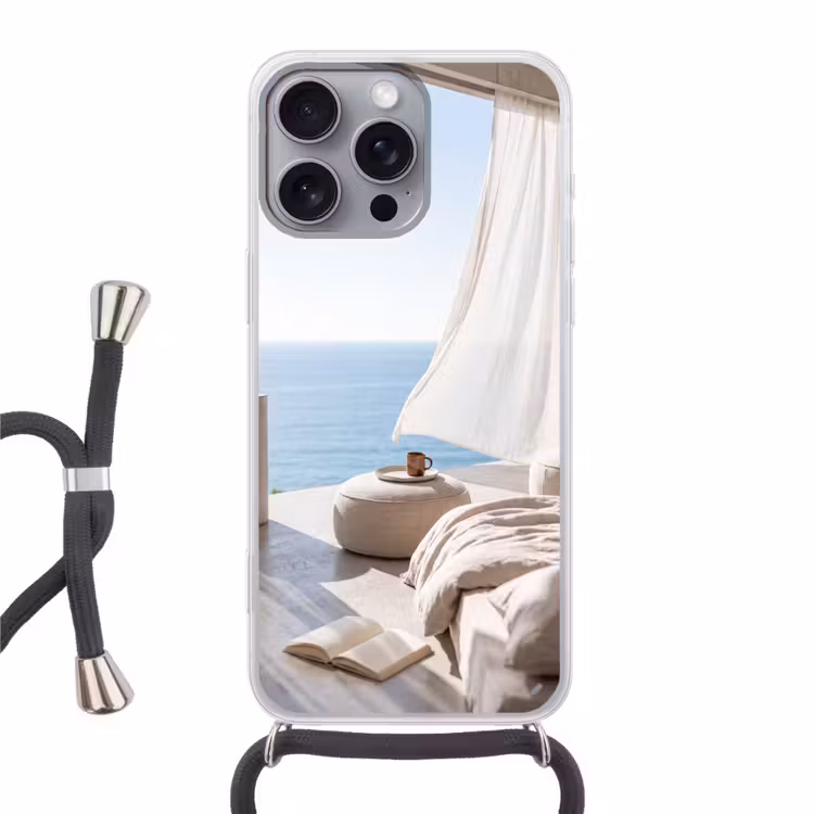 Interieur - Zeezicht - Modern - Rust - Beige Hoesje iPhone 16 Pro Max met koord klein -3d