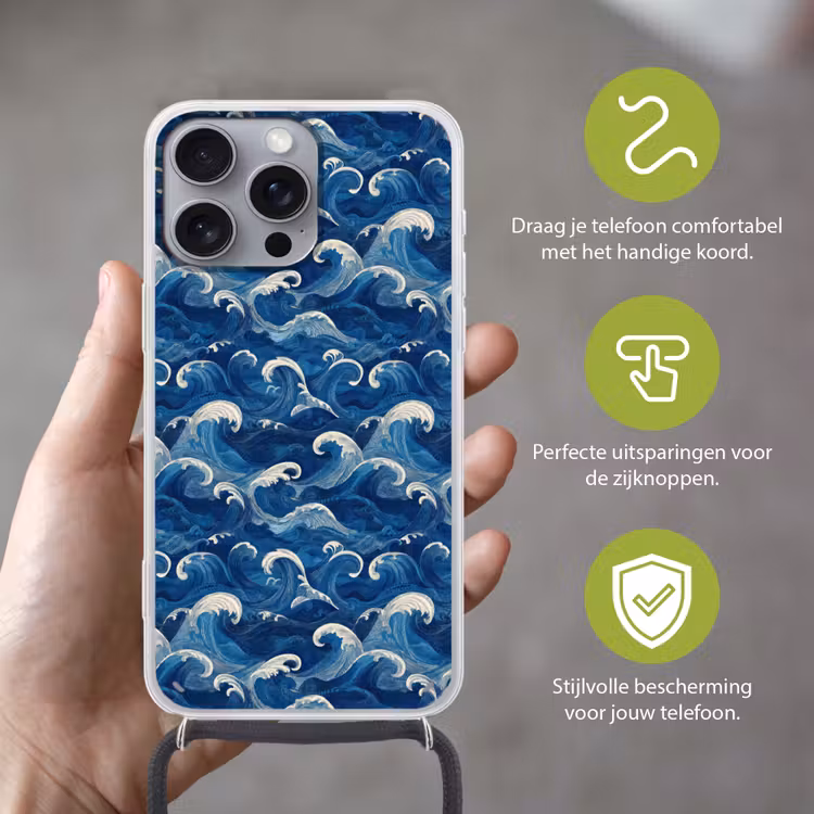 Japans - Oceaan - Golven - Blauw Hoesje iPhone 16 Pro Max met koord klein 804 -sfeer2_NL