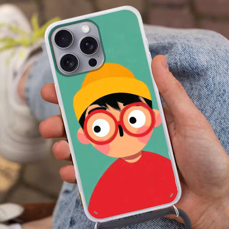 Jongen - Cartoon - Bril - Muts Hoesje iPhone 16 Pro Max met koord klein -sfeer3