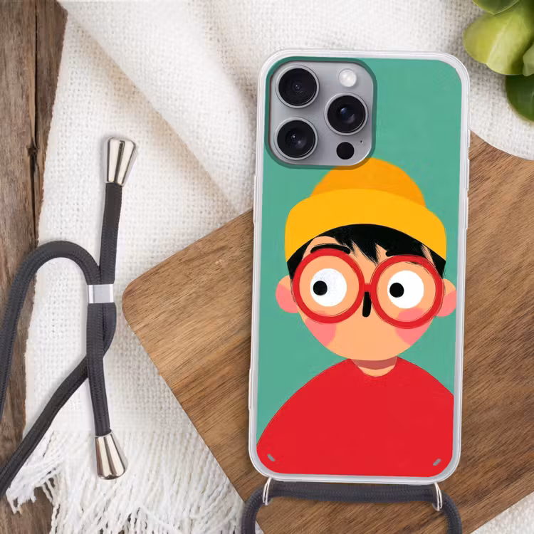 Jongen - Cartoon - Bril - Muts Hoesje iPhone 16 Pro Max met koord klein -sfeer4