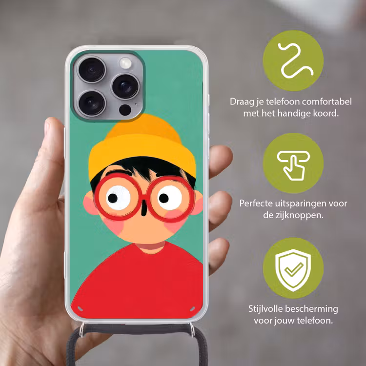 Jongen - Cartoon - Bril - Muts Hoesje iPhone 16 Pro Max met koord klein -sfeer2_NL