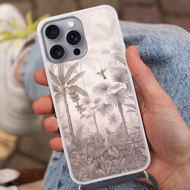 Jungle - Banenboom - Kolibrie - Beige Hoesje iPhone 16 Pro Max met koord klein -sfeer3
