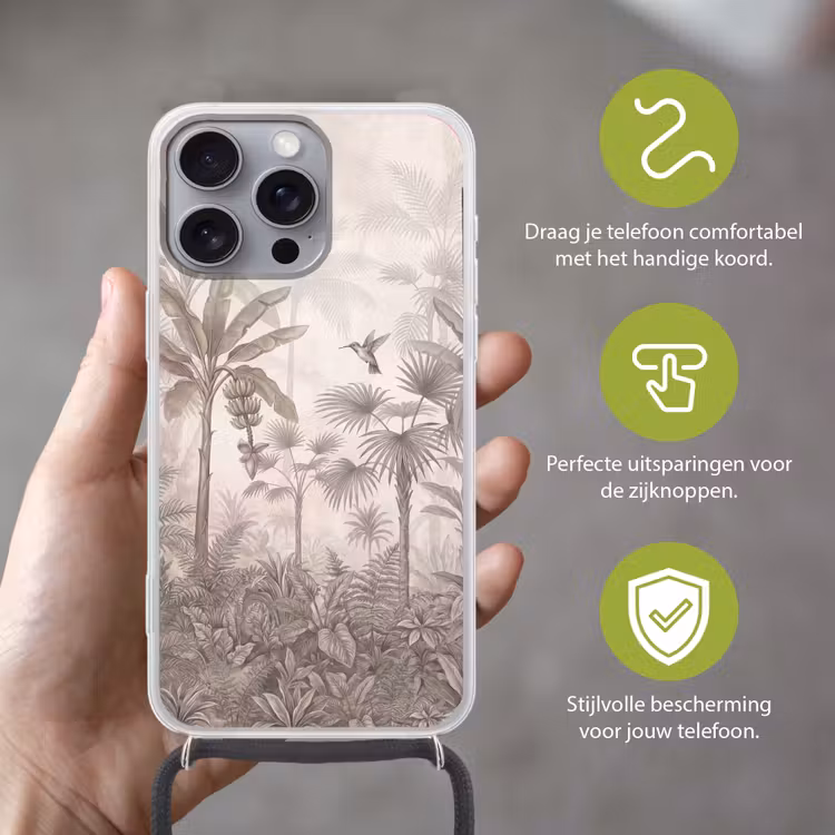 Jungle - Banenboom - Kolibrie - Beige Hoesje iPhone 16 Pro Max met koord klein -sfeer2_NL