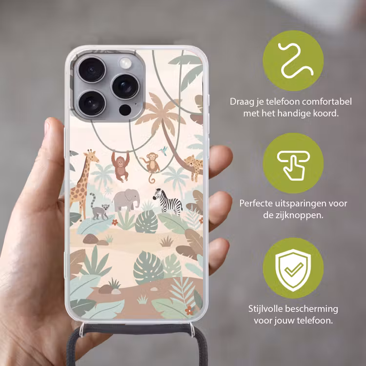 Jungle - Dieren - Groen Hoesje iPhone 16 Pro Max met koord klein -sfeer2_NL