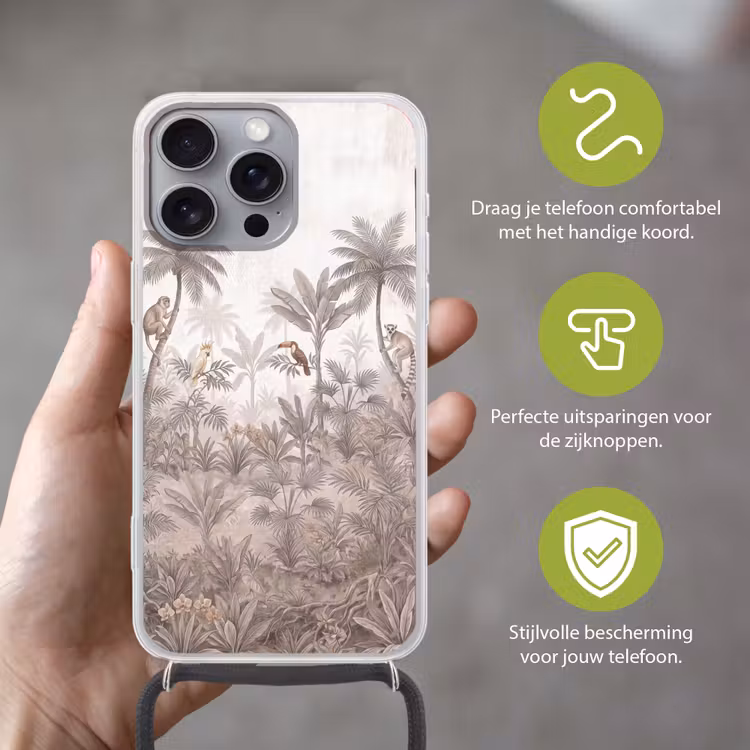 Jungle - Dieren - Palmbomen Hoesje iPhone 16 Pro Max met koord klein -sfeer2_NL