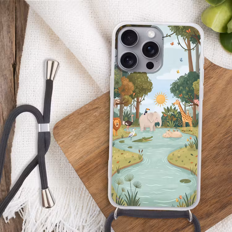 Jungle - Oase - Dieren - Kleurrijk Hoesje iPhone 16 Pro Max met koord klein -sfeer4