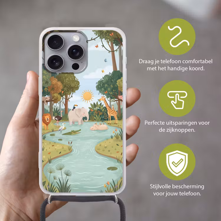 Jungle - Oase - Dieren - Kleurrijk Hoesje iPhone 16 Pro Max met koord klein -sfeer2_NL
