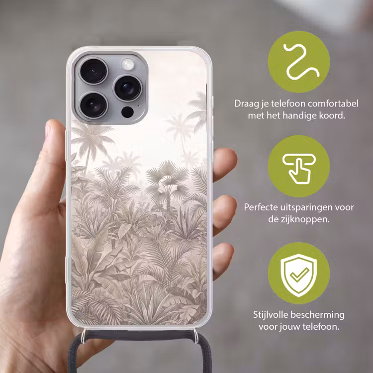 Jungle - Tropisch - Natuur -Vintage - Beige Hoesje iPhone 16 Pro Max met koord klein -sfeer2_NL
