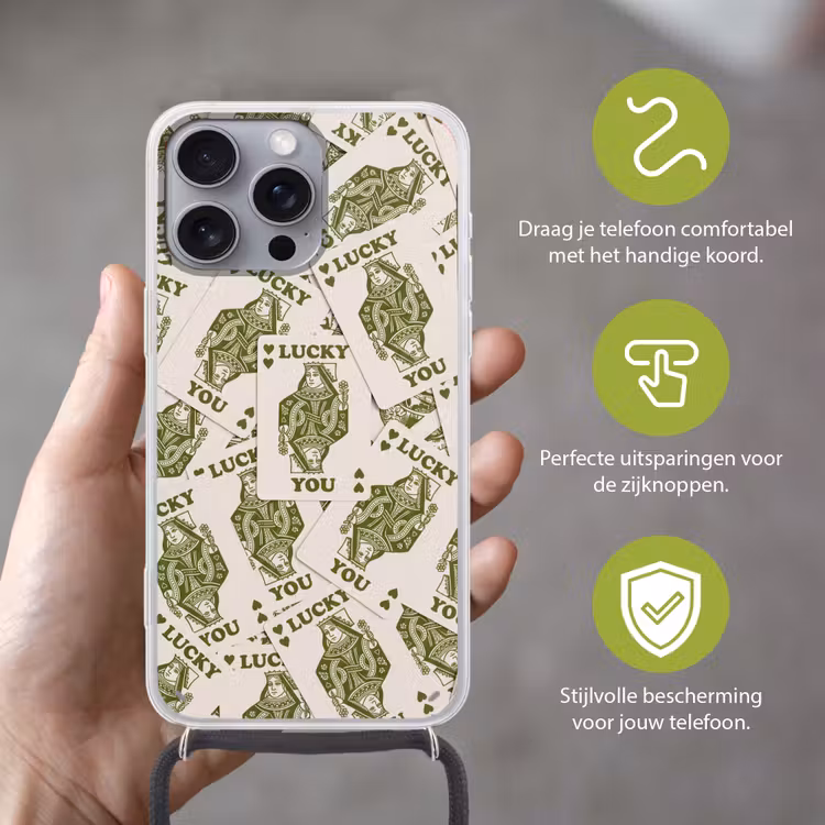 Kaarten - Koningin - Patroon - Groen - Spel Hoesje iPhone 16 Pro Max met koord klein -sfeer2_NL