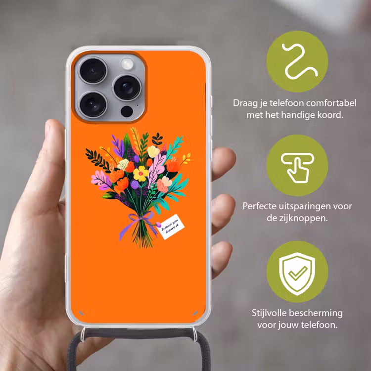 Kaartje - Boeket - Bloemen Hoesje iPhone 16 Pro Max met koord klein -sfeer2_NL