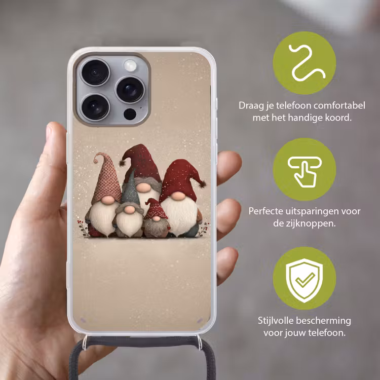Kabouters - Kerst - Sneeuw - Puntmutsen Hoesje iPhone 16 Pro Max met koord klein -sfeer2_NL