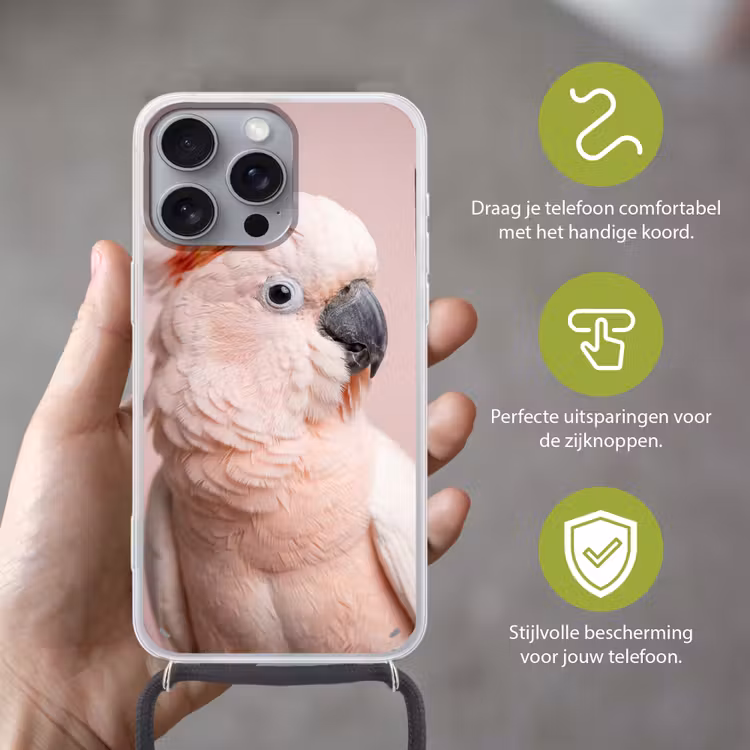 Kaketoe - Portret - Roze Hoesje iPhone 16 Pro Max met koord klein -sfeer2_NL