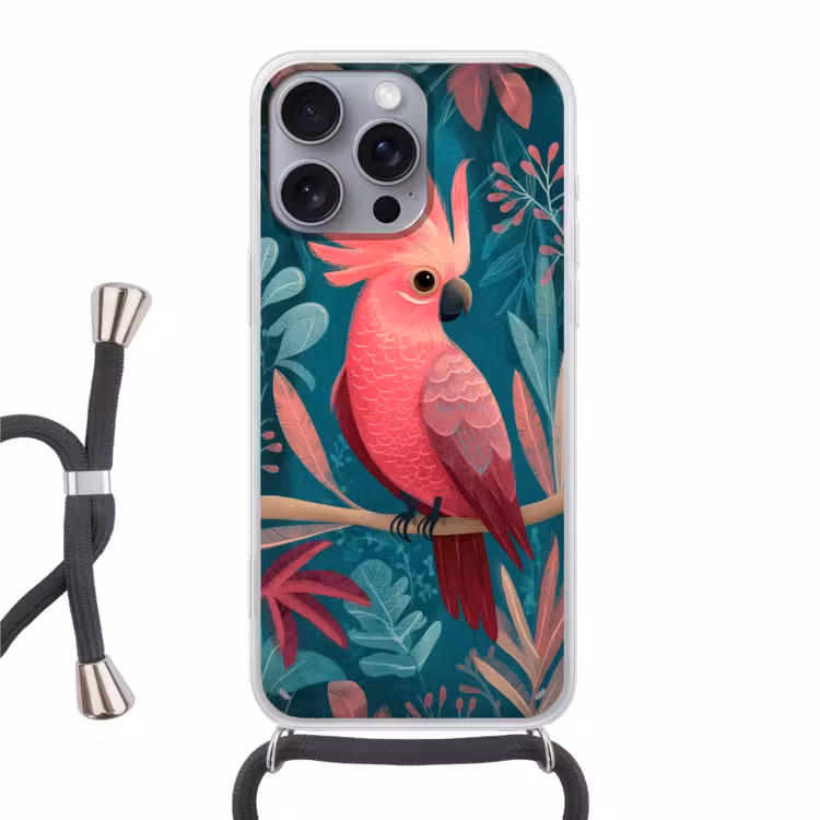 Kaketoe - Tropische bladeren - Tak Hoesje iPhone 16 Pro Max met koord klein -3d