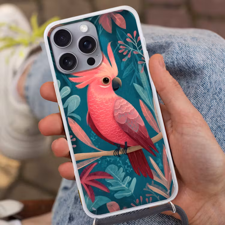 Kaketoe - Tropische bladeren - Tak Hoesje iPhone 16 Pro Max met koord klein -sfeer3