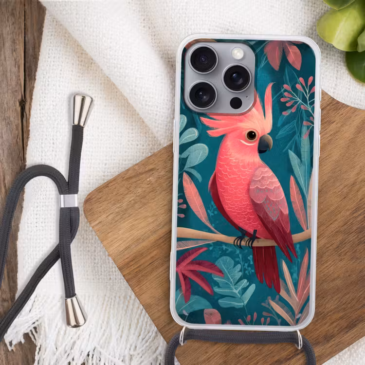 Kaketoe - Tropische bladeren - Tak Hoesje iPhone 16 Pro Max met koord klein -sfeer4