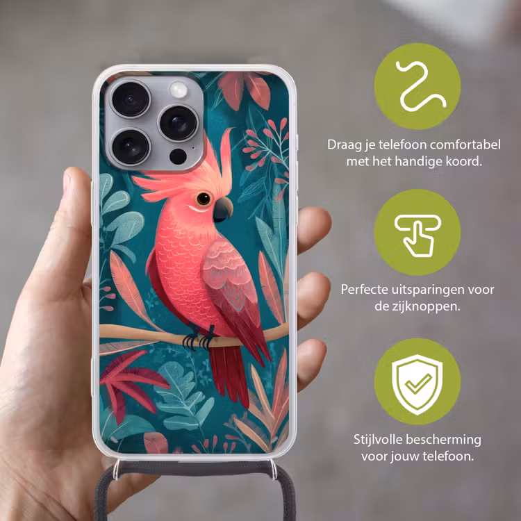 Kaketoe - Tropische bladeren - Tak Hoesje iPhone 16 Pro Max met koord klein -sfeer2_NL