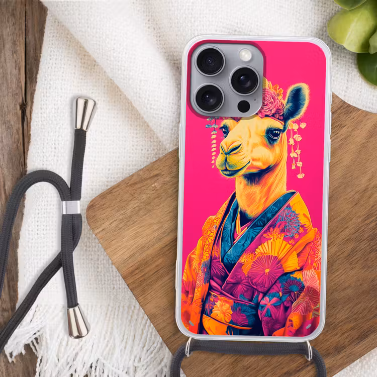 Kameel - Bloemen - Kimono - Waaiers Hoesje iPhone 16 Pro Max met koord klein -sfeer4