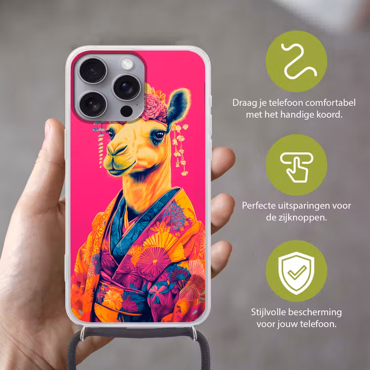 Kameel - Bloemen - Kimono - Waaiers Hoesje iPhone 16 Pro Max met koord klein -sfeer2_NL