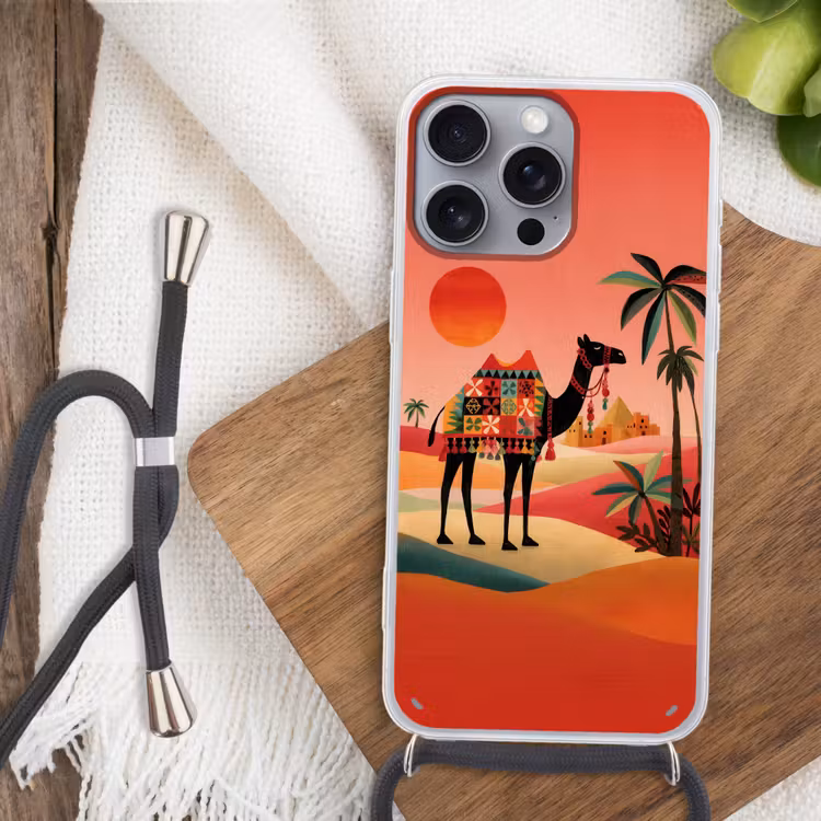 Kameel - Gekleurd tapijt - Duinen - Rode zon Hoesje iPhone 16 Pro Max met koord klein -sfeer4