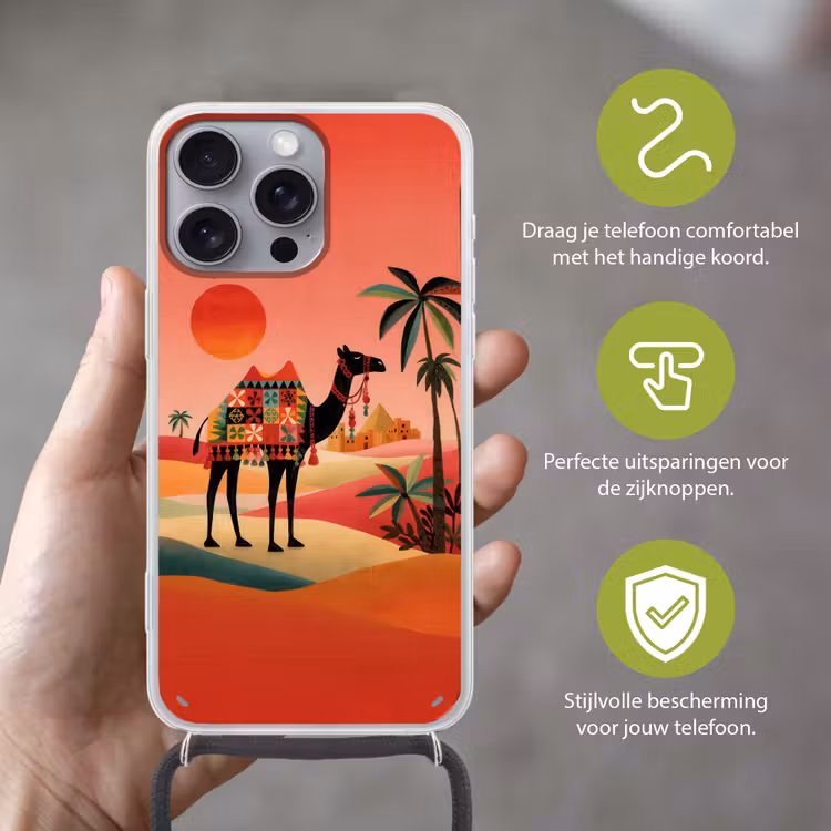 Kameel - Gekleurd tapijt - Duinen - Rode zon Hoesje iPhone 16 Pro Max met koord klein -sfeer2_NL