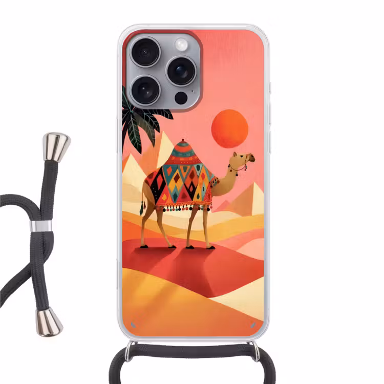 Kameel - Pyramides - Rode zon Hoesje iPhone 16 Pro Max met koord klein -3d