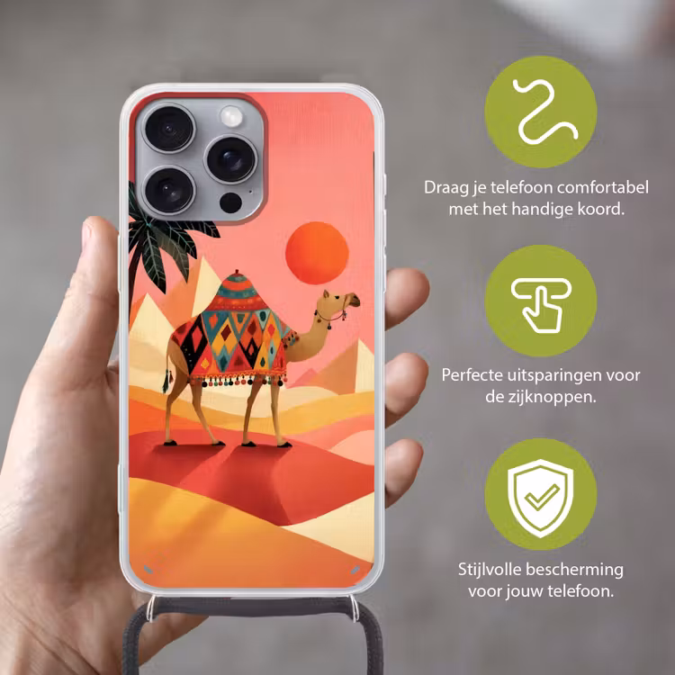 Kameel - Pyramides - Rode zon Hoesje iPhone 16 Pro Max met koord klein -sfeer2_NL