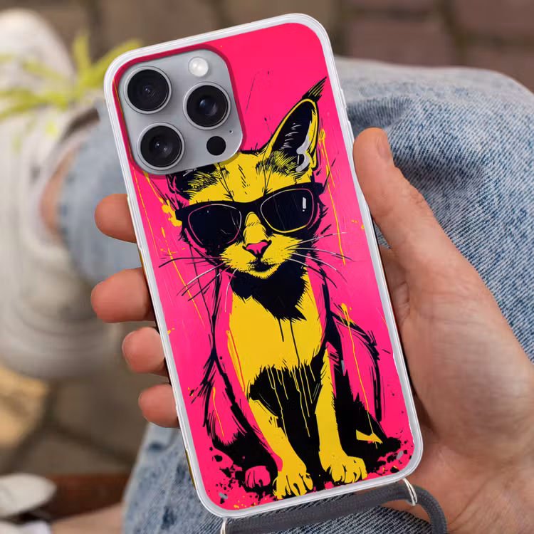 Kat - Art - Zonnebril - Roze Hoesje iPhone 16 Pro Max met koord klein -sfeer3