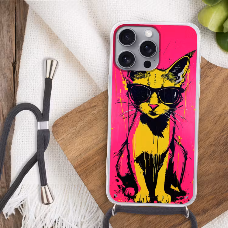 Kat - Art - Zonnebril - Roze Hoesje iPhone 16 Pro Max met koord klein -sfeer4