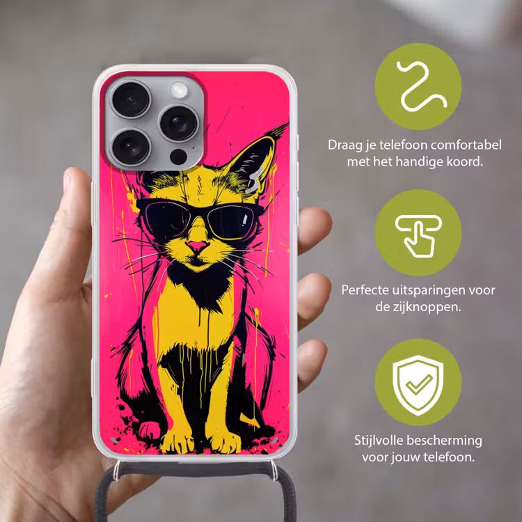 Kat - Art - Zonnebril - Roze Hoesje iPhone 16 Pro Max met koord klein -sfeer2_NL