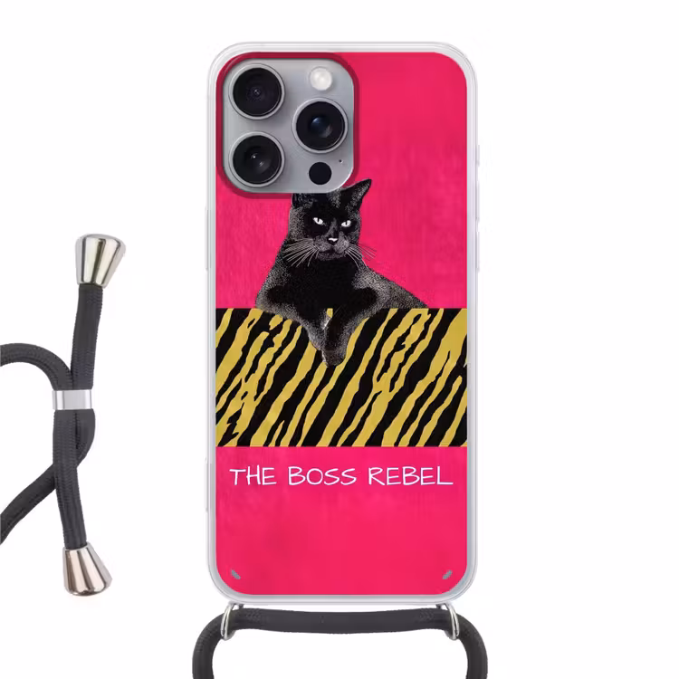 Kat - Baas - Roze - Tijgerprint Hoesje iPhone 16 Pro Max met koord klein -3d