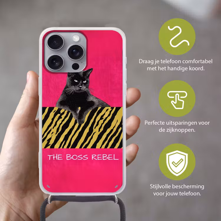 Kat - Baas - Roze - Tijgerprint Hoesje iPhone 16 Pro Max met koord klein -sfeer2_NL