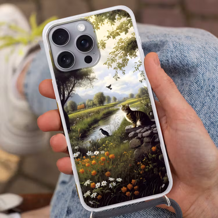 Kat - Beekje - Weide Hoesje iPhone 16 Pro Max met koord klein -sfeer3