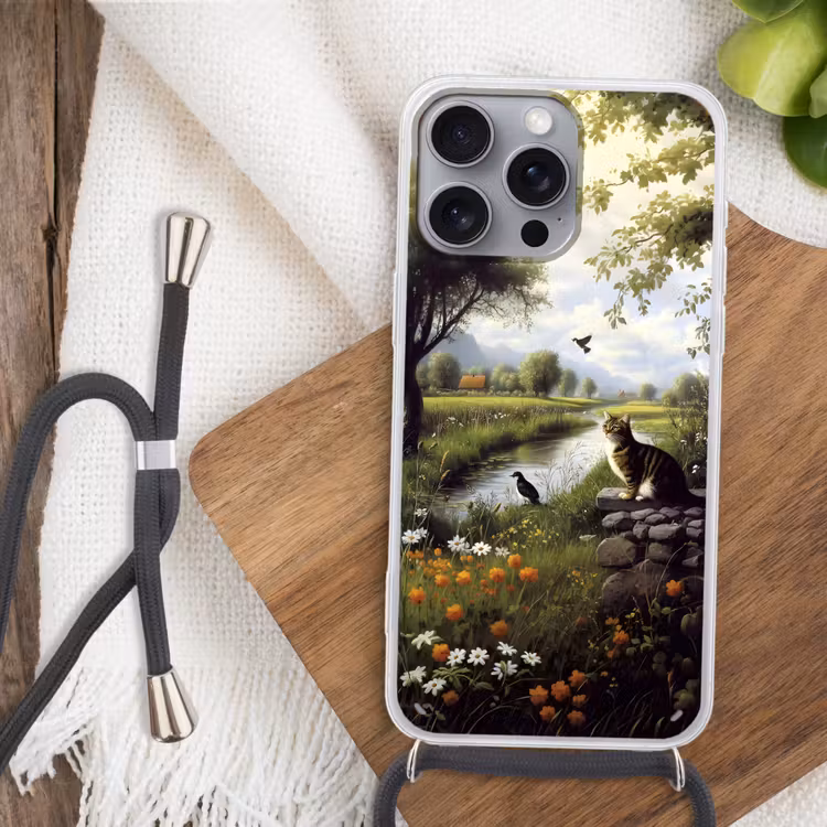 Kat - Beekje - Weide Hoesje iPhone 16 Pro Max met koord klein -sfeer4