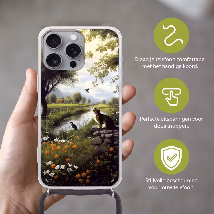 Kat - Beekje - Weide Hoesje iPhone 16 Pro Max met koord klein -sfeer2_NL