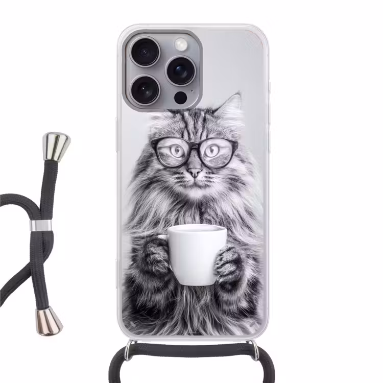 Kat - Bril - Mok - Pluizig Hoesje iPhone 16 Pro Max met koord klein -3d