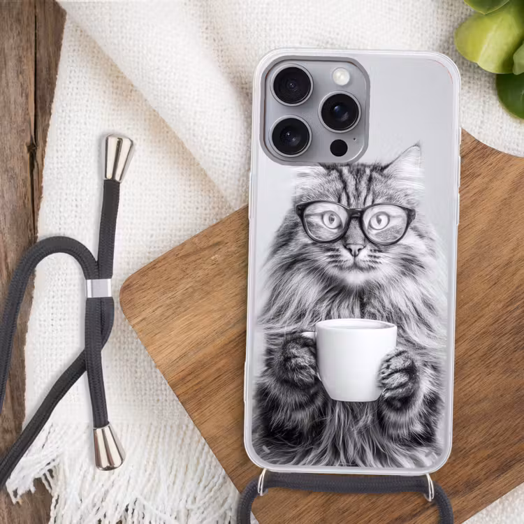 Kat - Bril - Mok - Pluizig Hoesje iPhone 16 Pro Max met koord klein -sfeer4