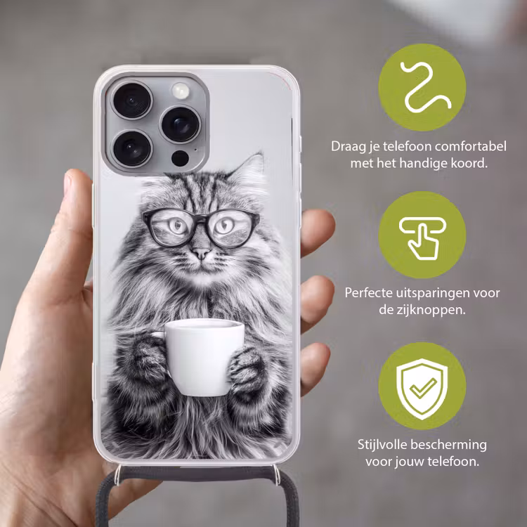 Kat - Bril - Mok - Pluizig Hoesje iPhone 16 Pro Max met koord klein -sfeer2_NL