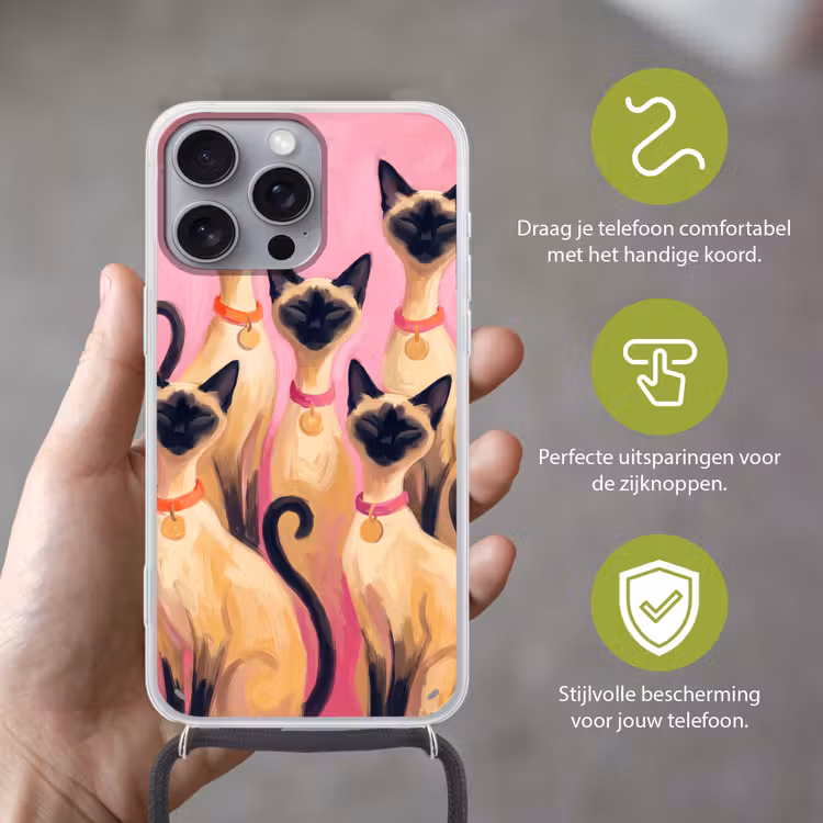 Kat - Groep - Dieren - Modern - Roze Hoesje iPhone 16 Pro Max met koord klein -sfeer2_NL
