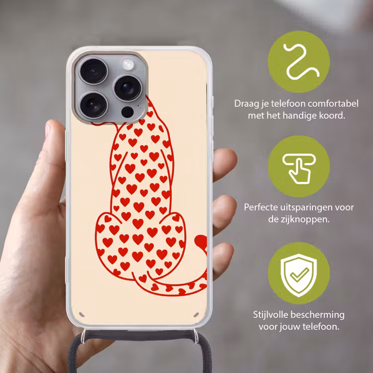 Kat - Harten - Dieren - Modern - Rood Hoesje iPhone 16 Pro Max met koord klein -sfeer2_NL