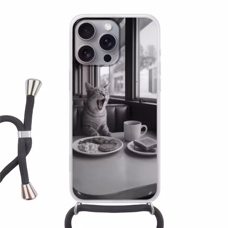 Kat - Koffie - Brood - Zwart Hoesje iPhone 16 Pro Max met koord klein -3d