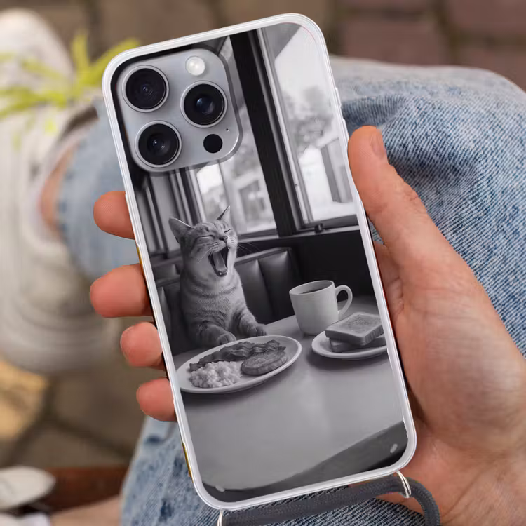 Kat - Koffie - Brood - Zwart Hoesje iPhone 16 Pro Max met koord klein -sfeer3