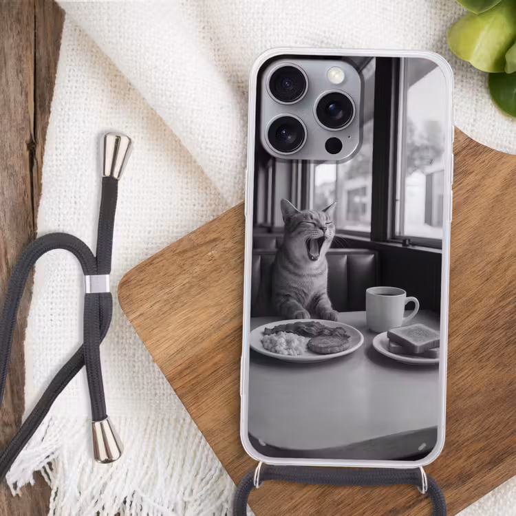Kat - Koffie - Brood - Zwart Hoesje iPhone 16 Pro Max met koord klein -sfeer4