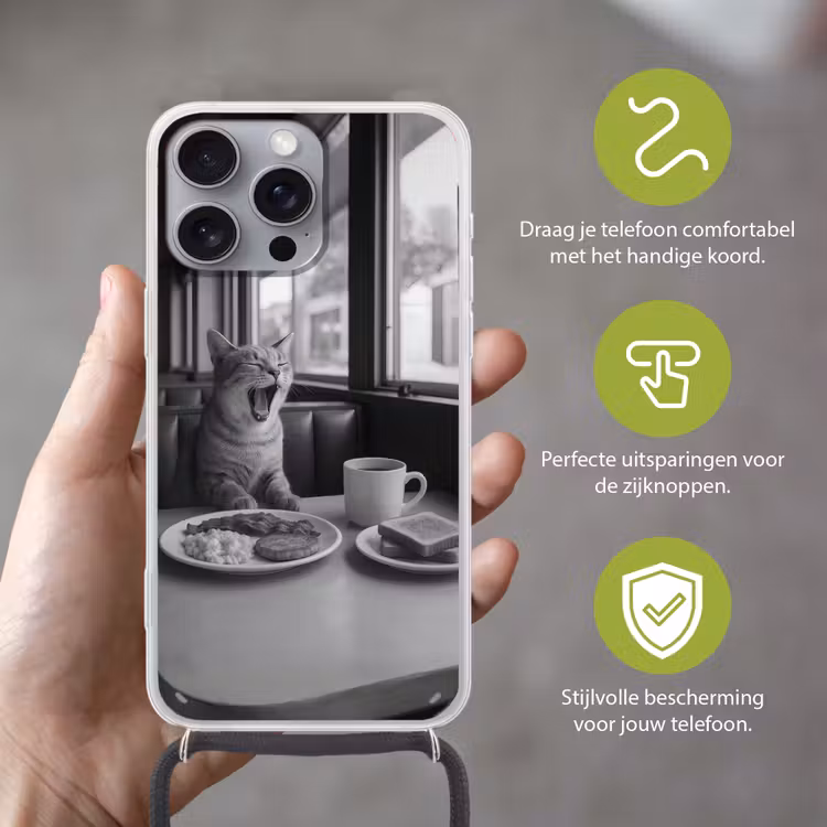 Kat - Koffie - Brood - Zwart Hoesje iPhone 16 Pro Max met koord klein -sfeer2_NL