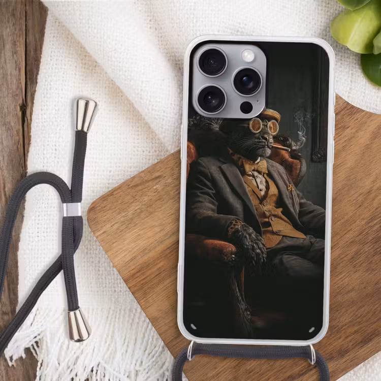 Kat - Pak - Oranje - Sigaar Hoesje iPhone 16 Pro Max met koord klein -sfeer4