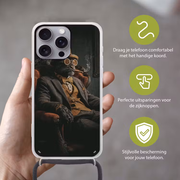 Kat - Pak - Oranje - Sigaar Hoesje iPhone 16 Pro Max met koord klein -sfeer2_NL