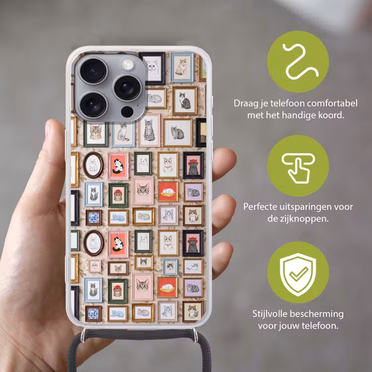 Kat - Portret - Dieren - Illustratie - Lijst Hoesje iPhone 16 Pro Max met koord klein -sfeer2_NL