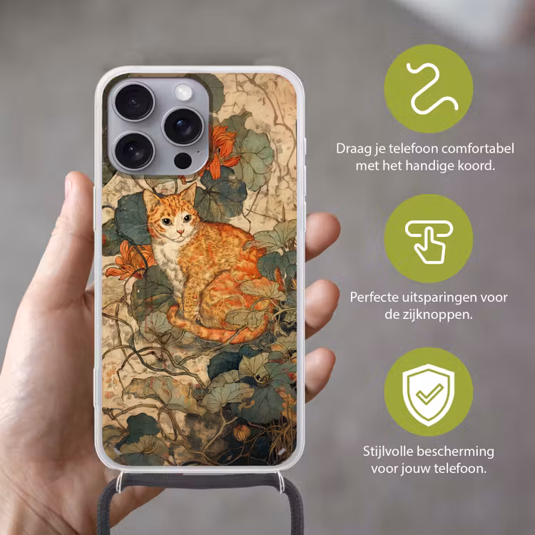 Kat - Sierlijk - Bloemen Hoesje iPhone 16 Pro Max met koord klein -sfeer2_NL