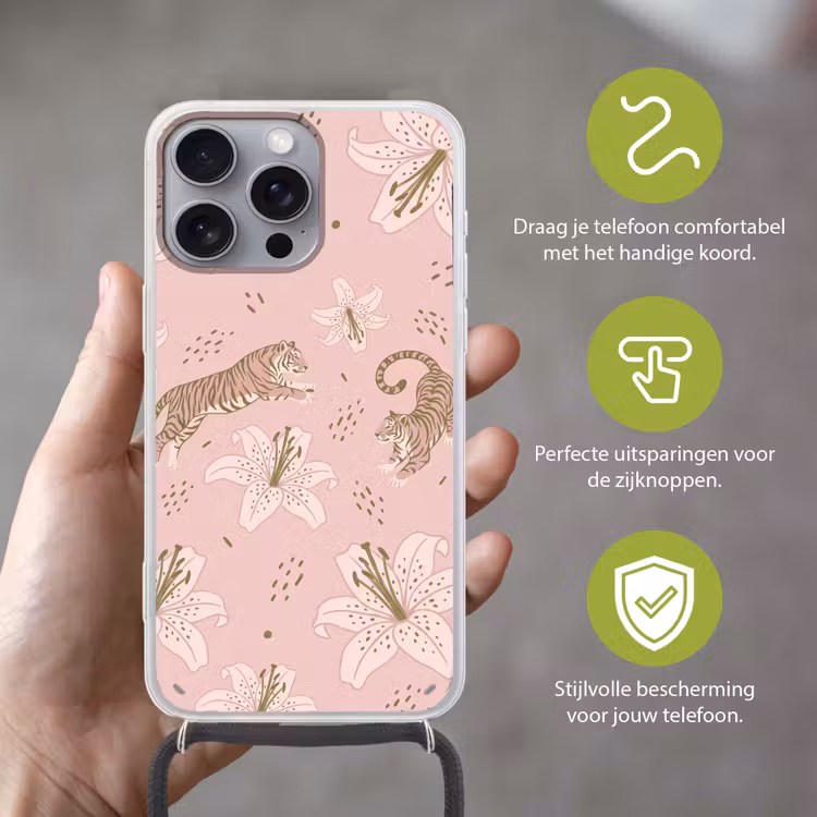 Kat - Springend - Bloemen - Abstract - Roze Hoesje iPhone 16 Pro Max met koord klein -sfeer2_NL