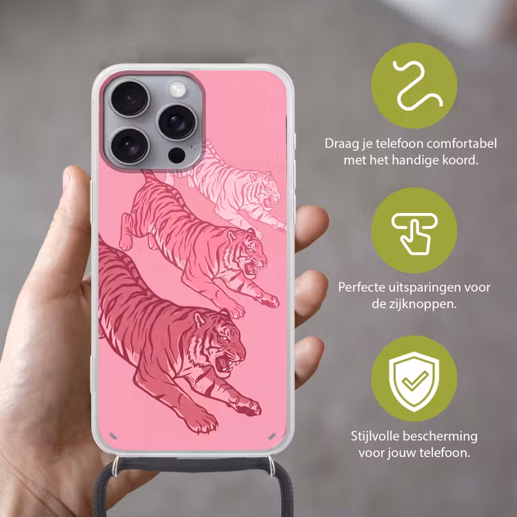 Kat - Springend - Dieren - Roze - Modern Hoesje iPhone 16 Pro Max met koord klein -sfeer2_NL