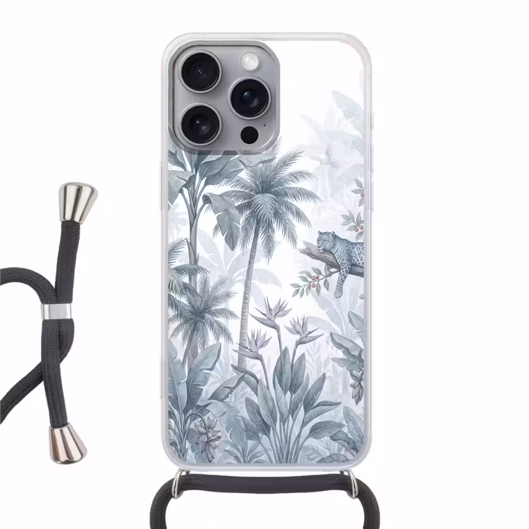Kat - Tropisch bos - Modern - Grijs Hoesje iPhone 16 Pro Max met koord klein -3d